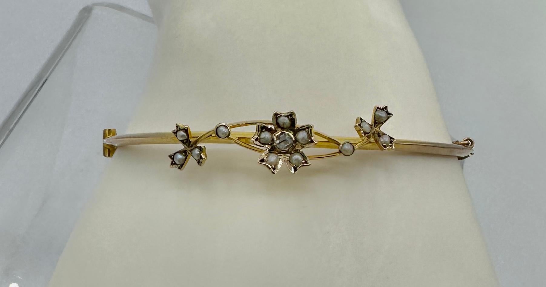 Victorian Rose Cut Diamond Pearl Flower Bracelet Bangle Antique Art Nouveau Gold For Sale 3