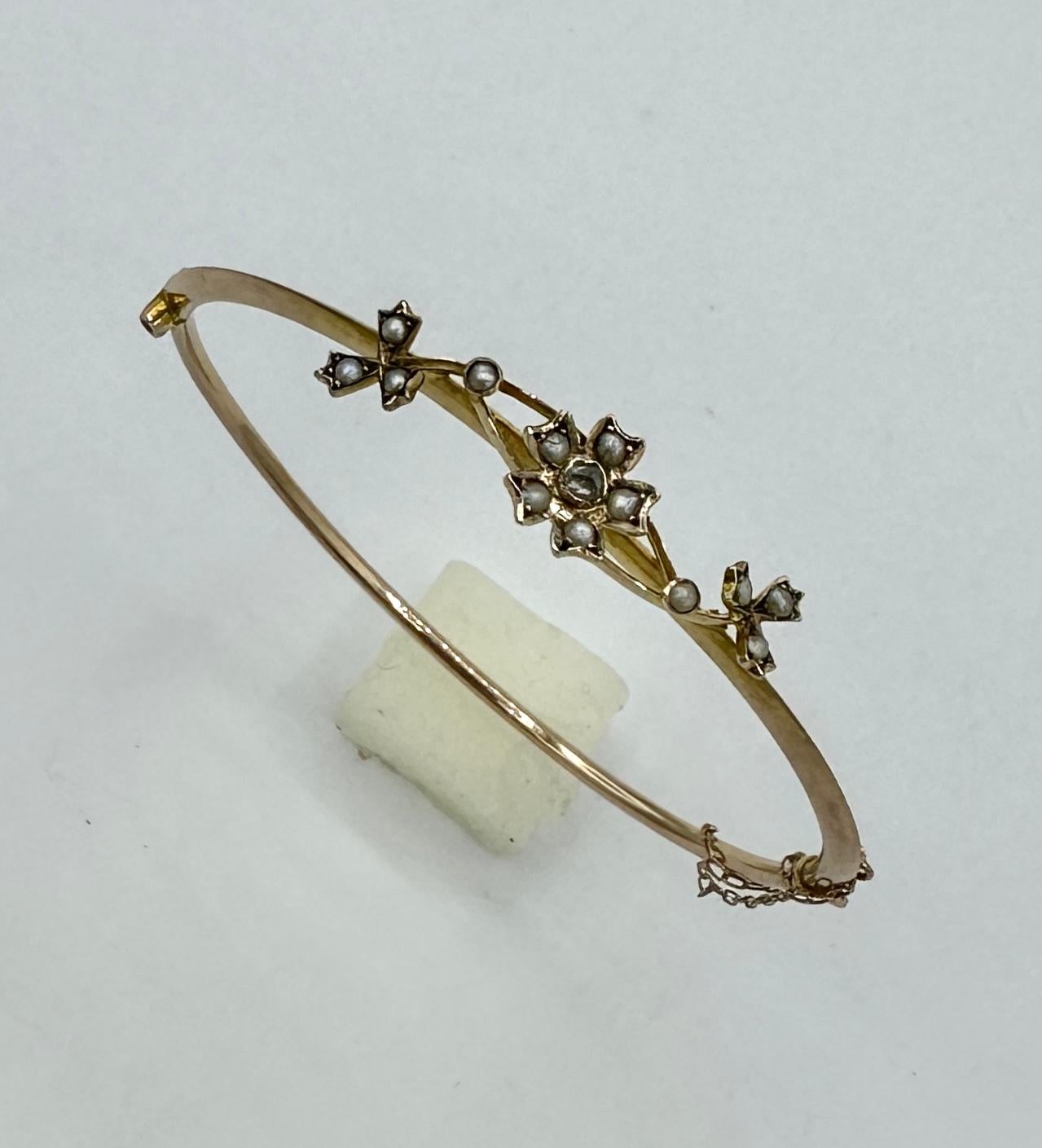 Victorian Rose Cut Diamond Pearl Flower Bracelet Bangle Antique Art Nouveau Gold For Sale 4