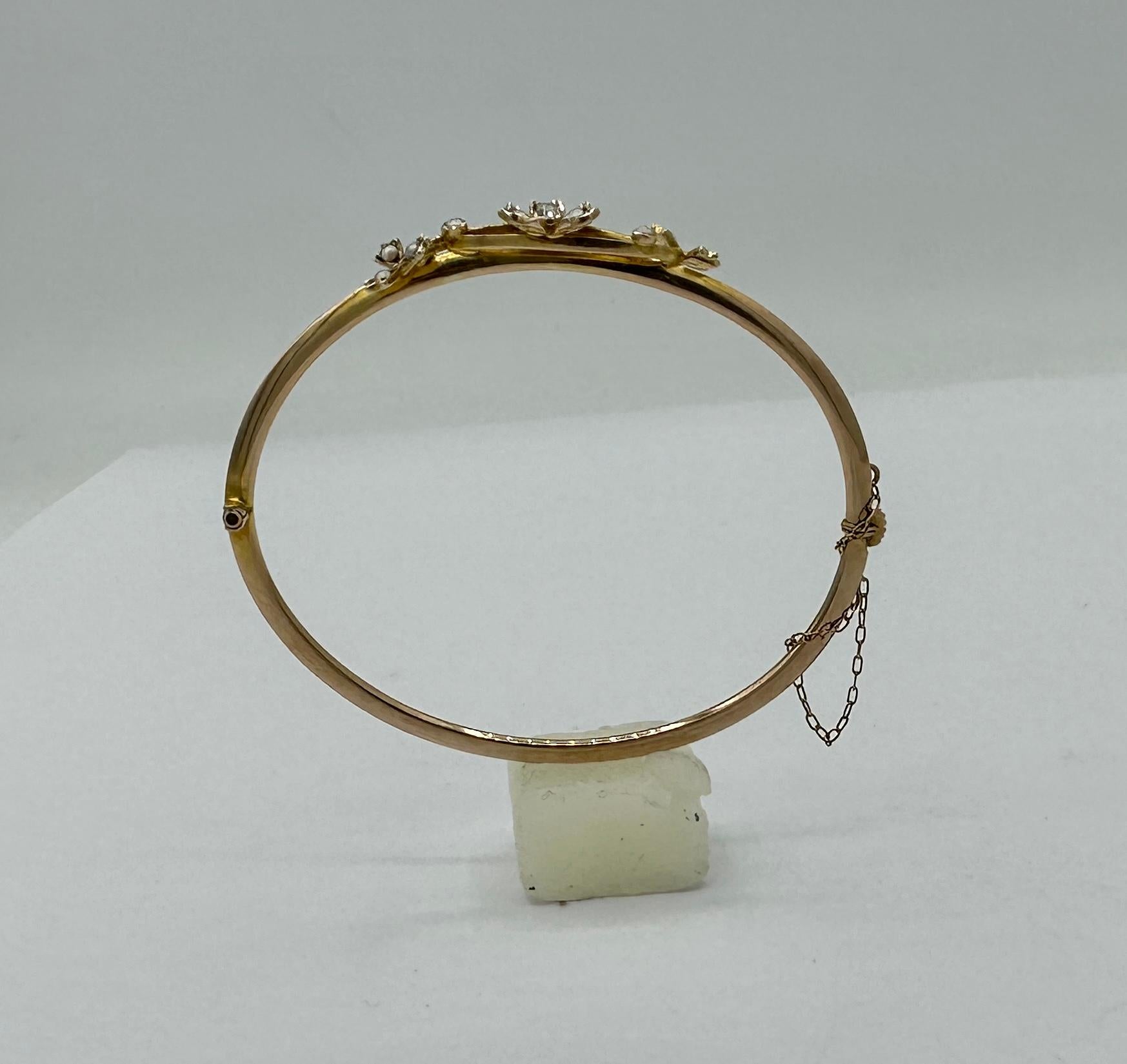 Victorian Rose Cut Diamond Pearl Flower Bracelet Bangle Antique Art Nouveau Gold For Sale 5