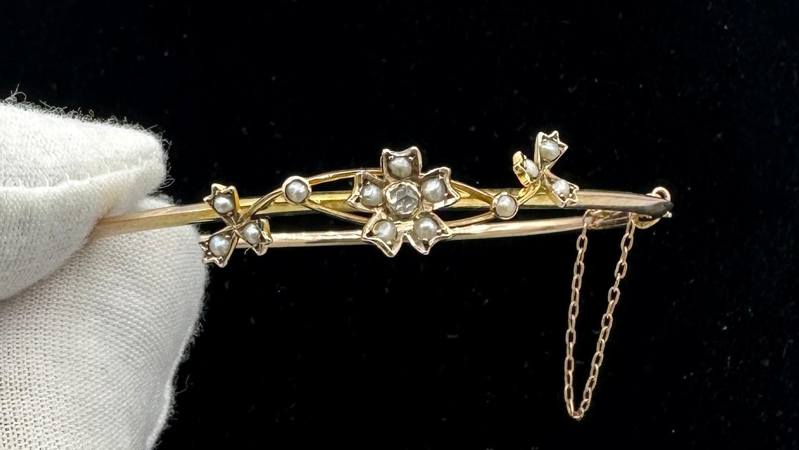 Victorian Rose Cut Diamond Pearl Flower Bracelet Bangle Antique Art Nouveau Gold For Sale 6