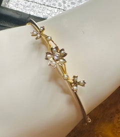 Victorian Rose Cut Diamond Pearl Flower Bracelet Bangle Antique Art Nouveau Gold