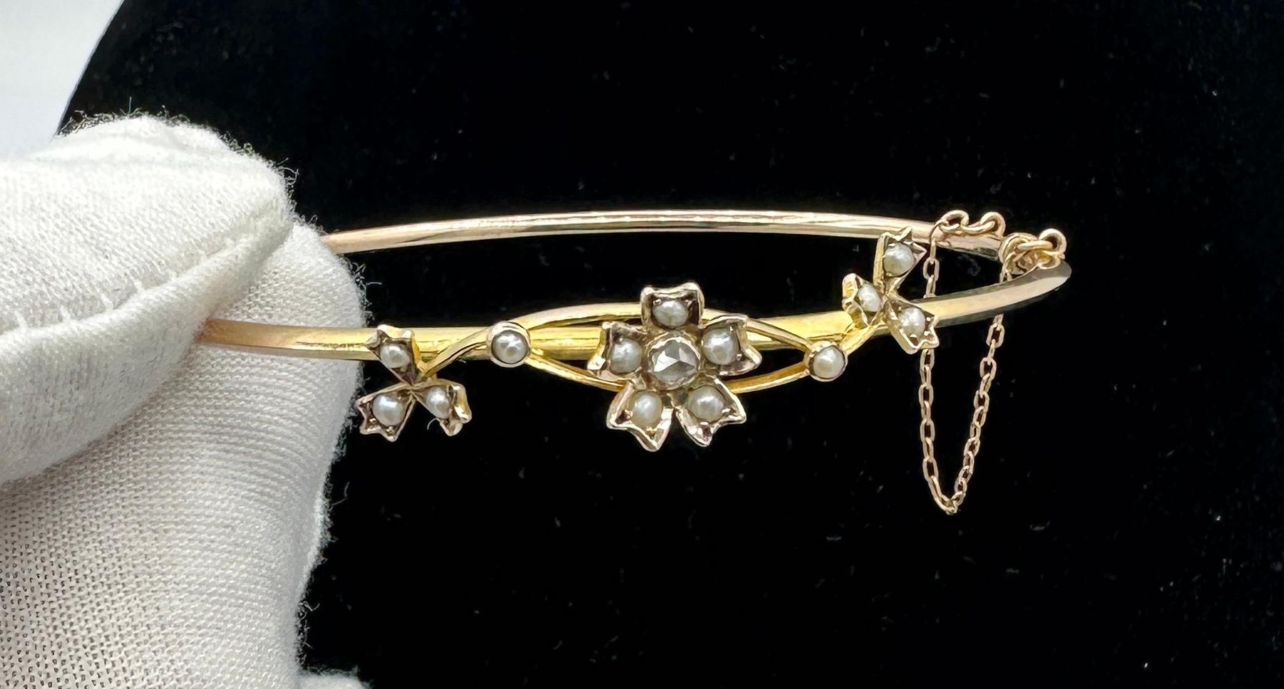 Viktorianischer Rosenschliff Diamant Perle Blume Armband Armreif Antiker Jugendstil Gold im Angebot 1
