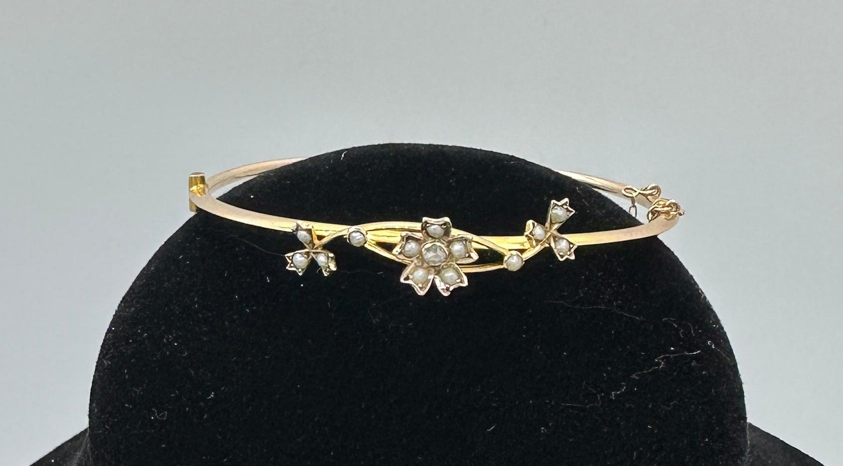Victorian Rose Cut Diamond Pearl Flower Bracelet Bangle Antique Art Nouveau Gold In Excellent Condition For Sale In New York, NY