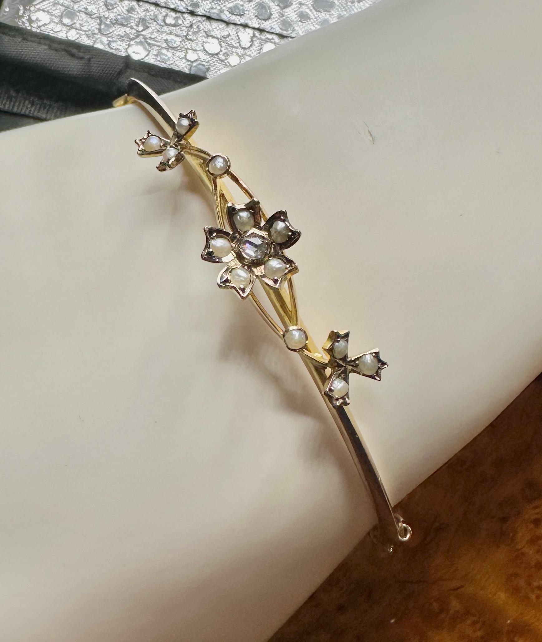Women's Victorian Rose Cut Diamond Pearl Flower Bracelet Bangle Antique Art Nouveau Gold For Sale