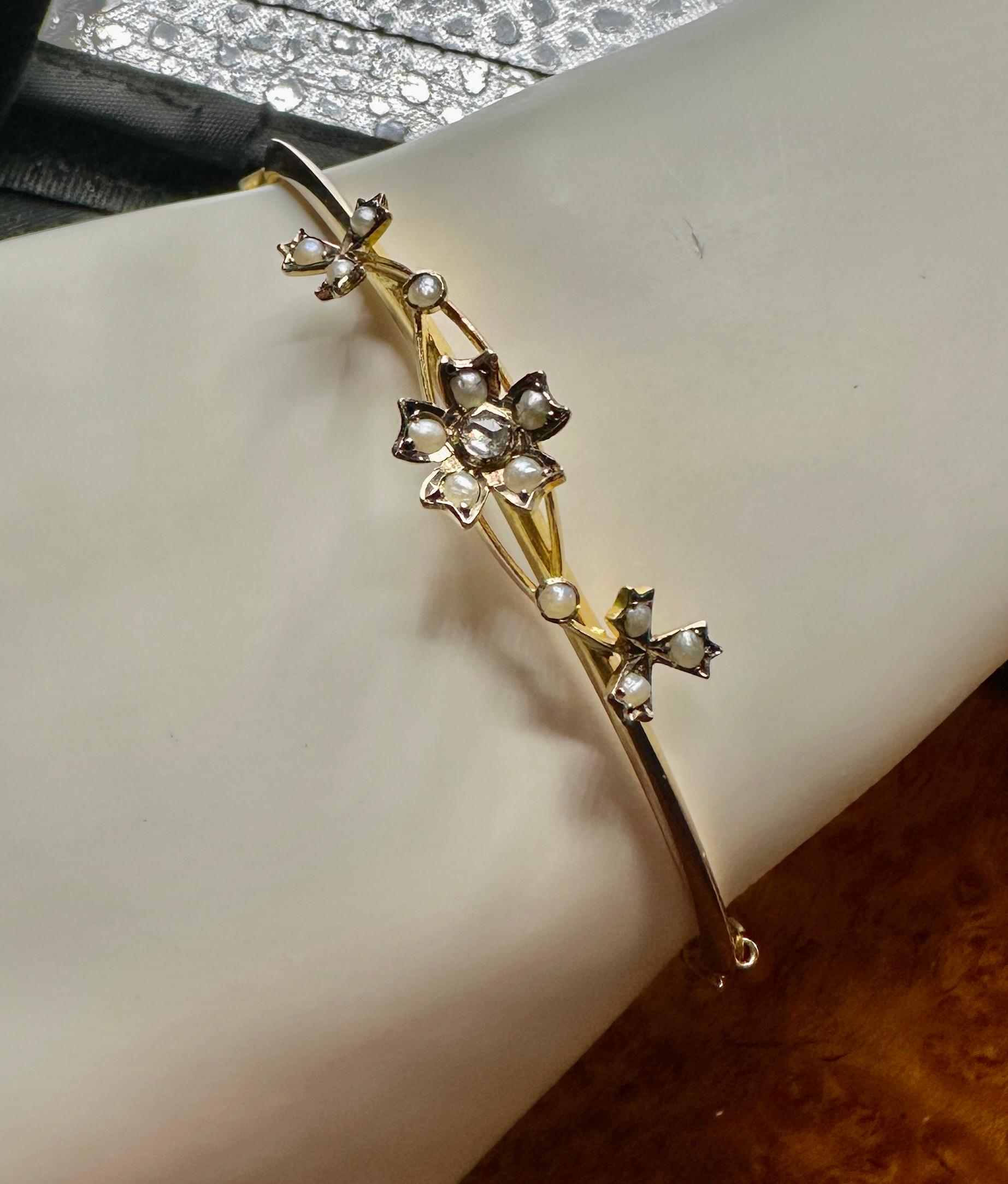 Victorian Rose Cut Diamond Pearl Flower Bracelet Bangle Antique Art Nouveau Gold For Sale 1