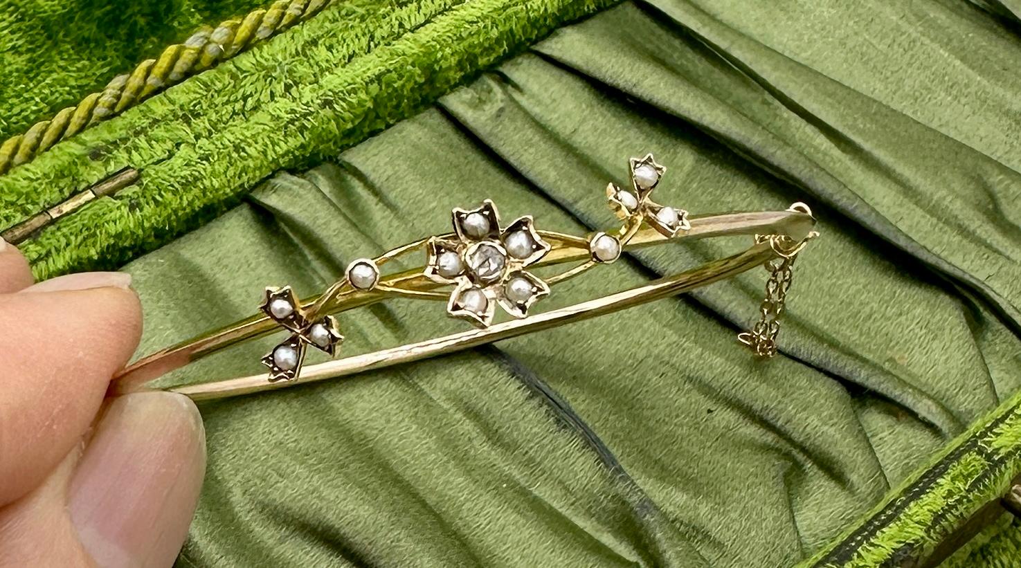 Victorian Rose Cut Diamond Pearl Flower Bracelet Bangle Antique Art Nouveau Gold For Sale 2