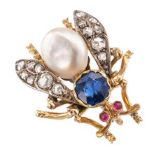 Victorian Rose Cut Diamond Pearl Ruby Sapphire Gold Silver Bee Brooch