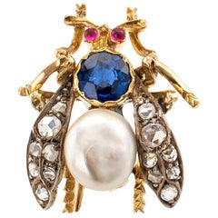 Victorian Rose Cut Diamond Pearl Ruby Sapphire Gold Silver Bee Brooch