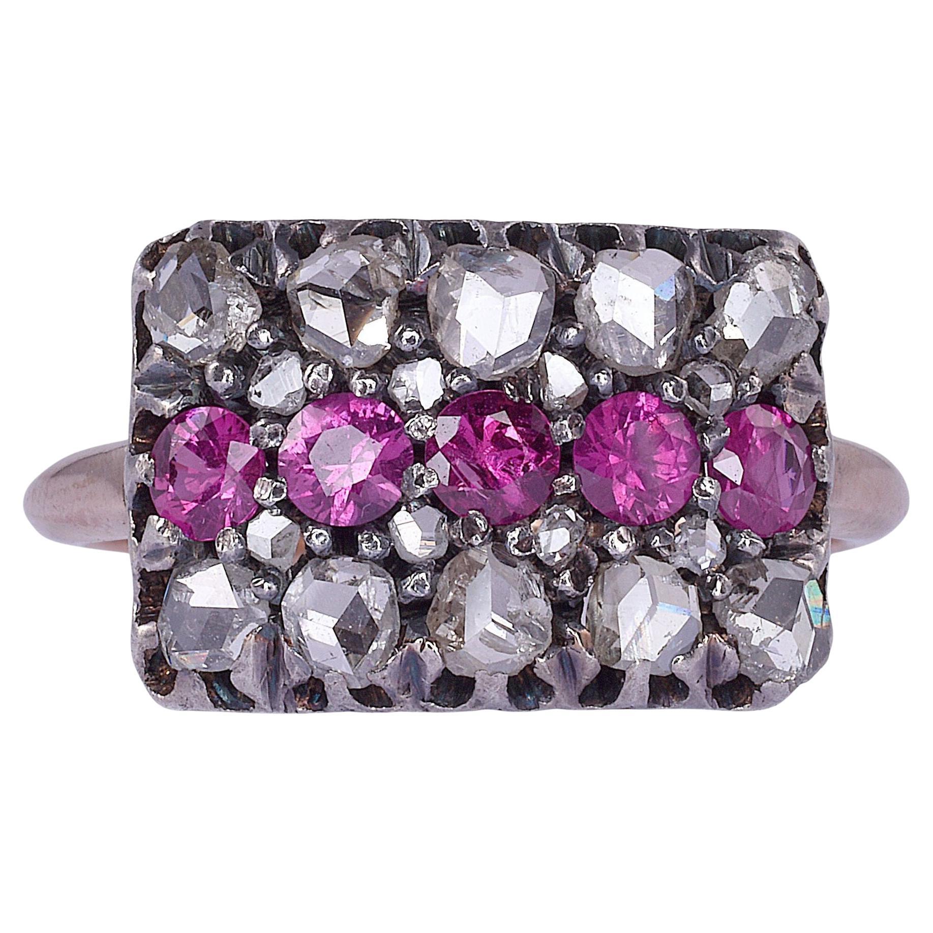 Victorian Rose Cut Diamond & Pink Sapphire Ring For Sale