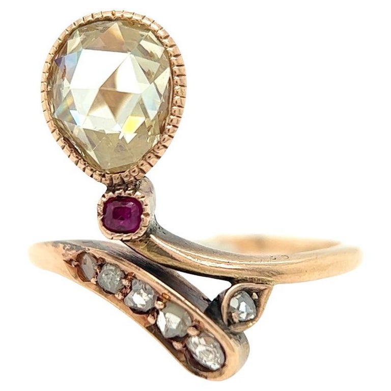 Victorian Rose Cut Diamond Ruby 14 Karat Rose Gold Ring For Sale at 1stDibs
