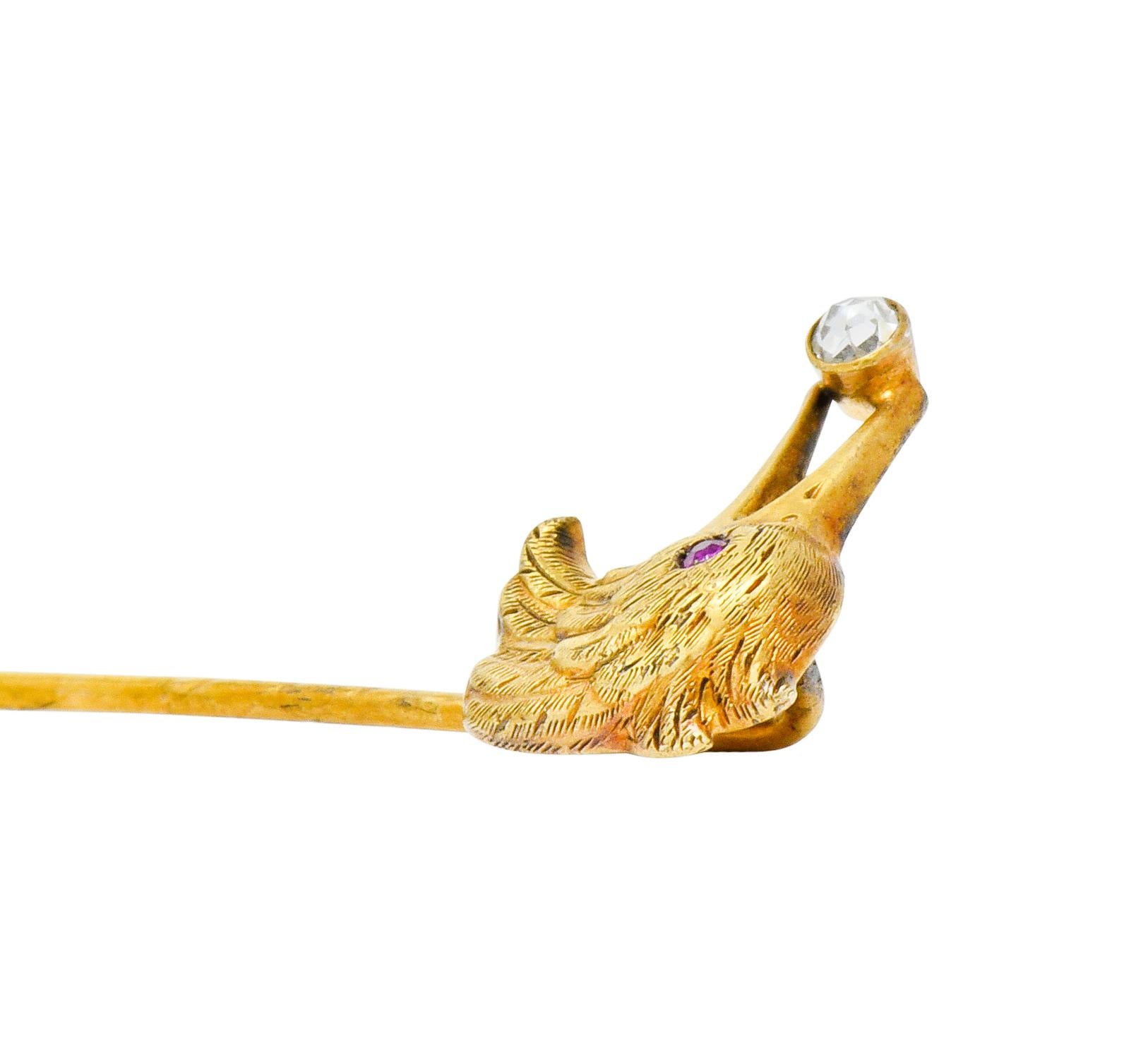 Victorian Rose Cut Diamond Ruby 18 Karat Gold Crow Bird Stickpin 3