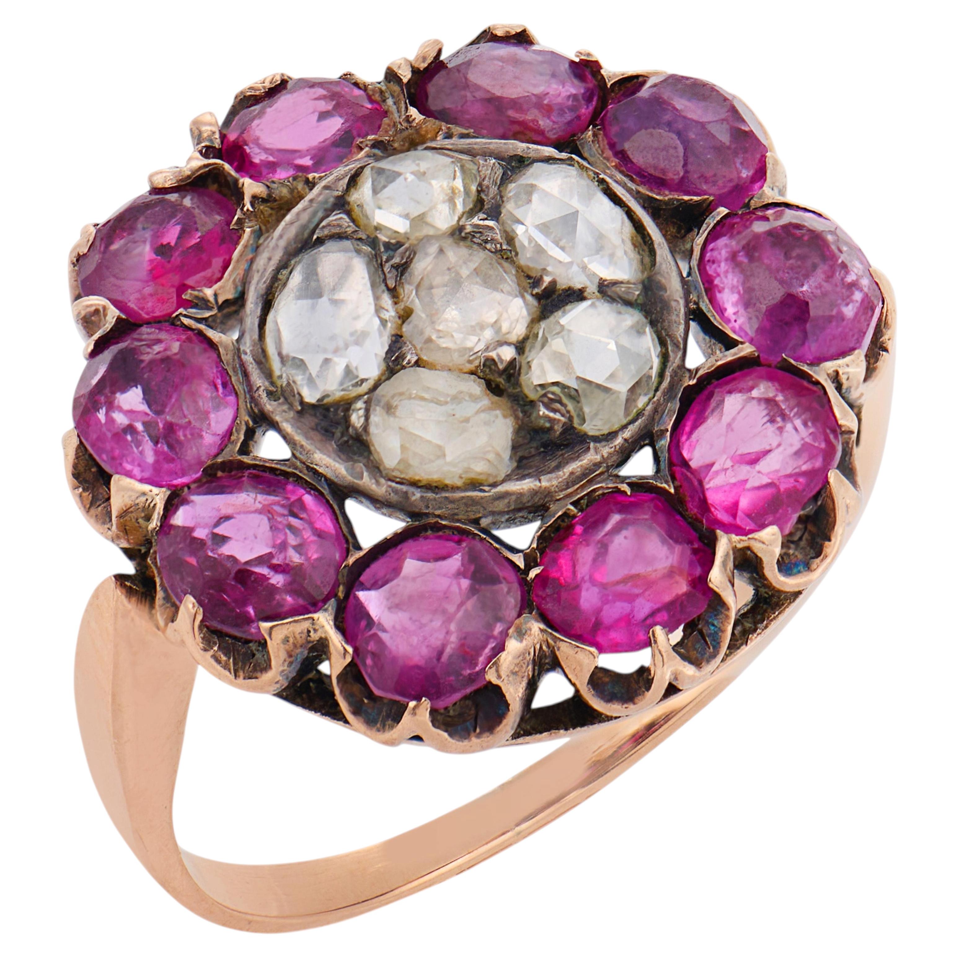 Anello vittoriano con diamante taglio rosa e rubino in oro rosa e argento