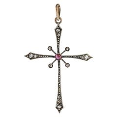 Victorian Rose Cut Diamond Ruby Silver Gold Cross Pendant