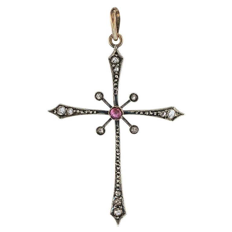 Victorian Rose Cut Diamond Ruby Silver Gold Cross Pendant at 1stDibs