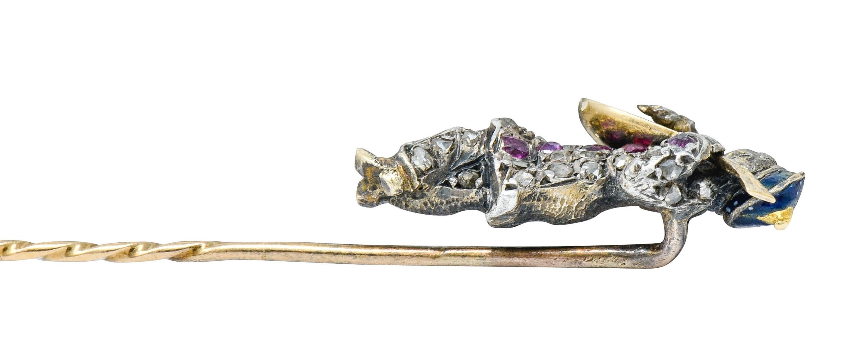 Victorian Rose Cut Diamond Ruby Silver-Topped 18 Karat Gold Bard Stickpin For Sale 4