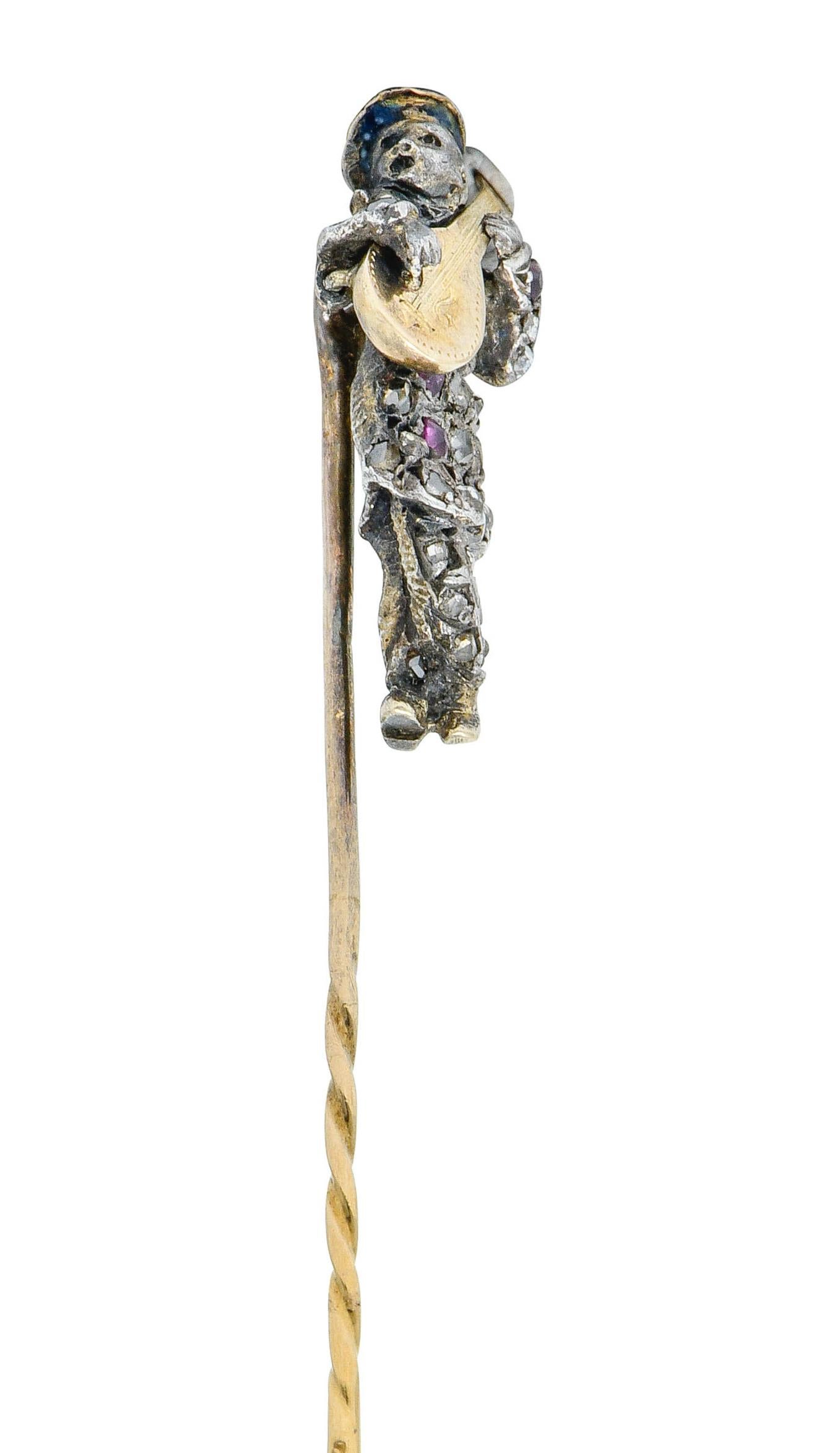 Victorien Épingle à cravate victorienne en or 18 carats avec diamants taille rose et rubis surmonté d'argent en vente