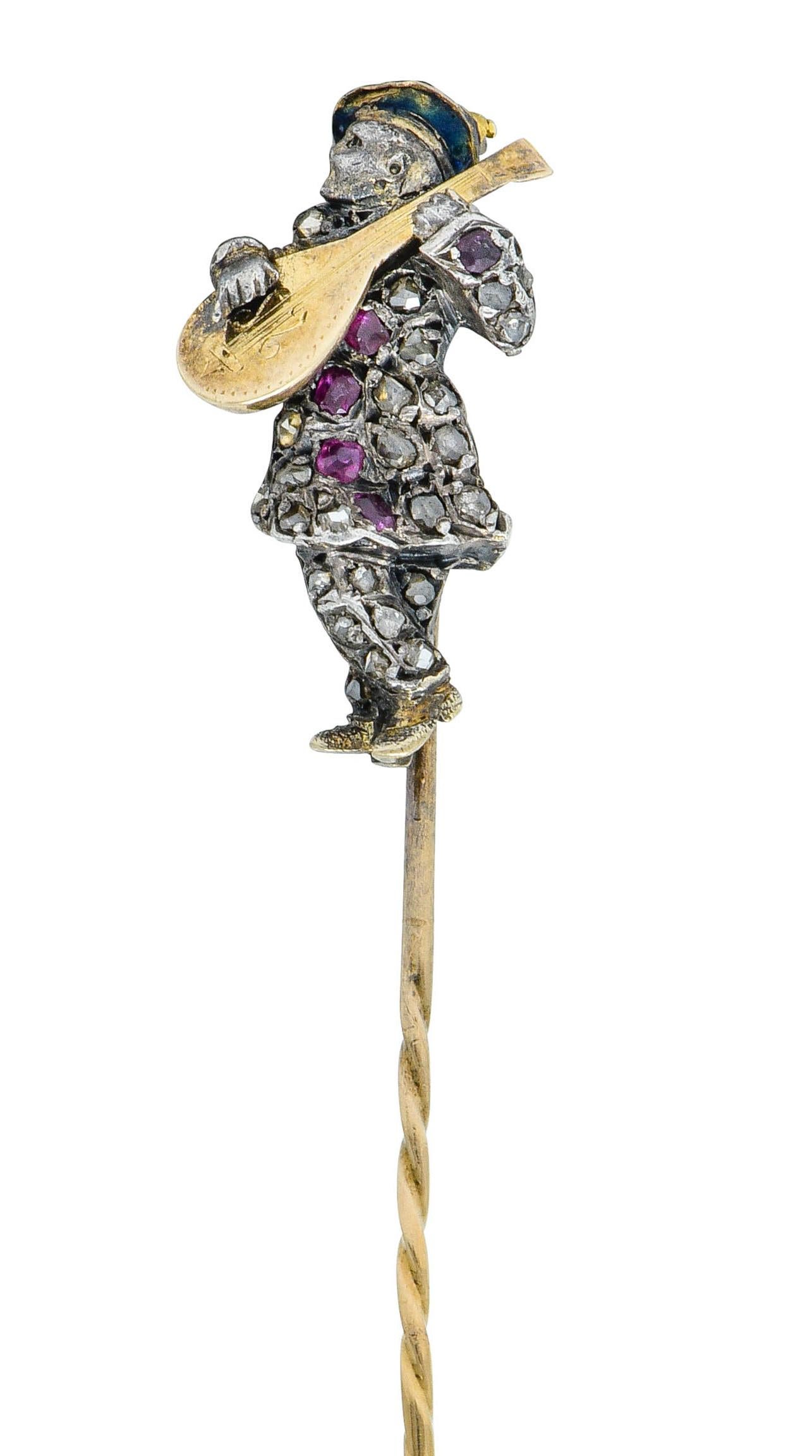 Victorian Rose Cut Diamond Ruby Silver-Topped 18 Karat Gold Bard Stickpin For Sale 1