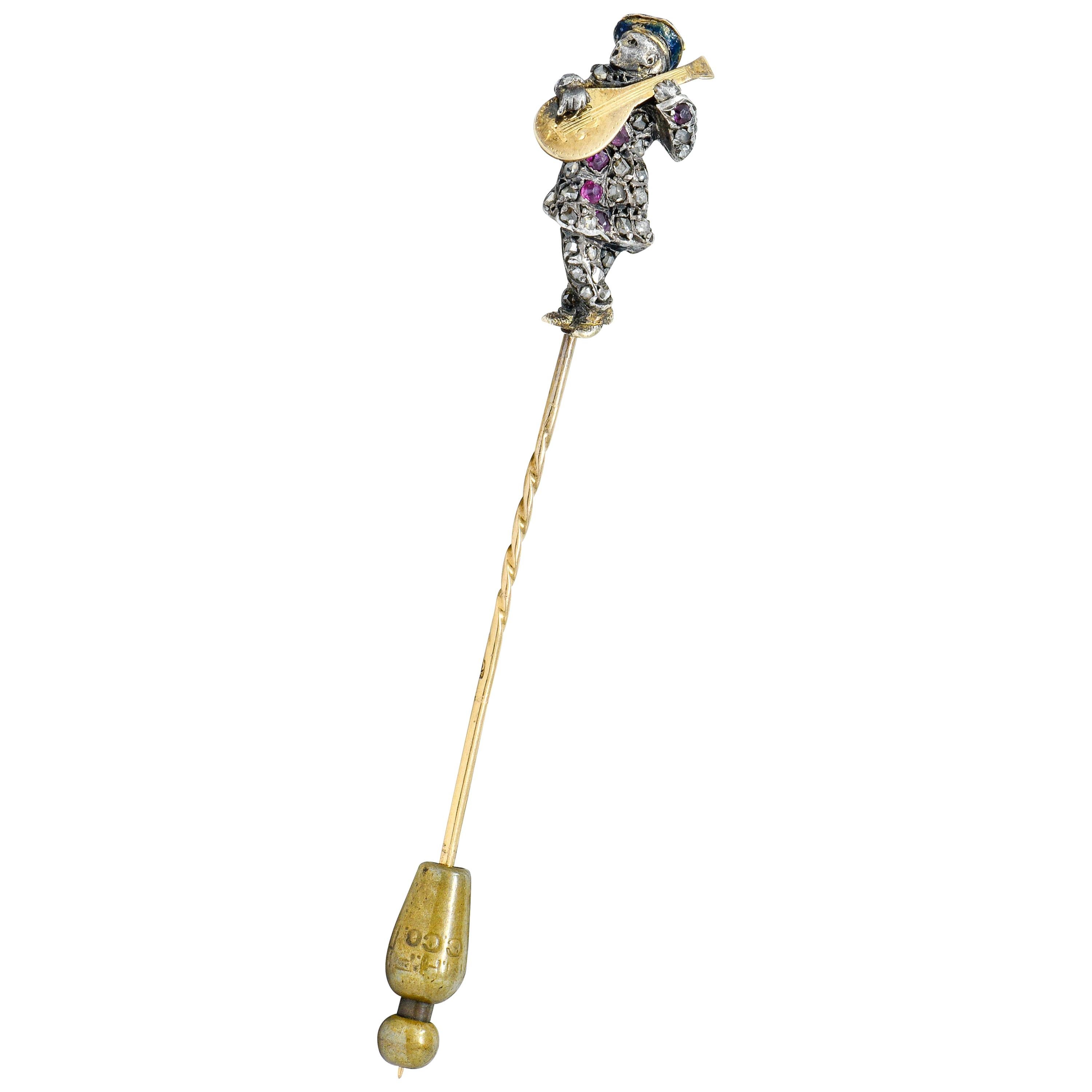 Victorian Rose Cut Diamond Ruby Silver-Topped 18 Karat Gold Bard Stickpin For Sale