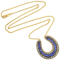 Victorian Rose Cut Diamond Sapphire Horseshoe Pendant Necklace