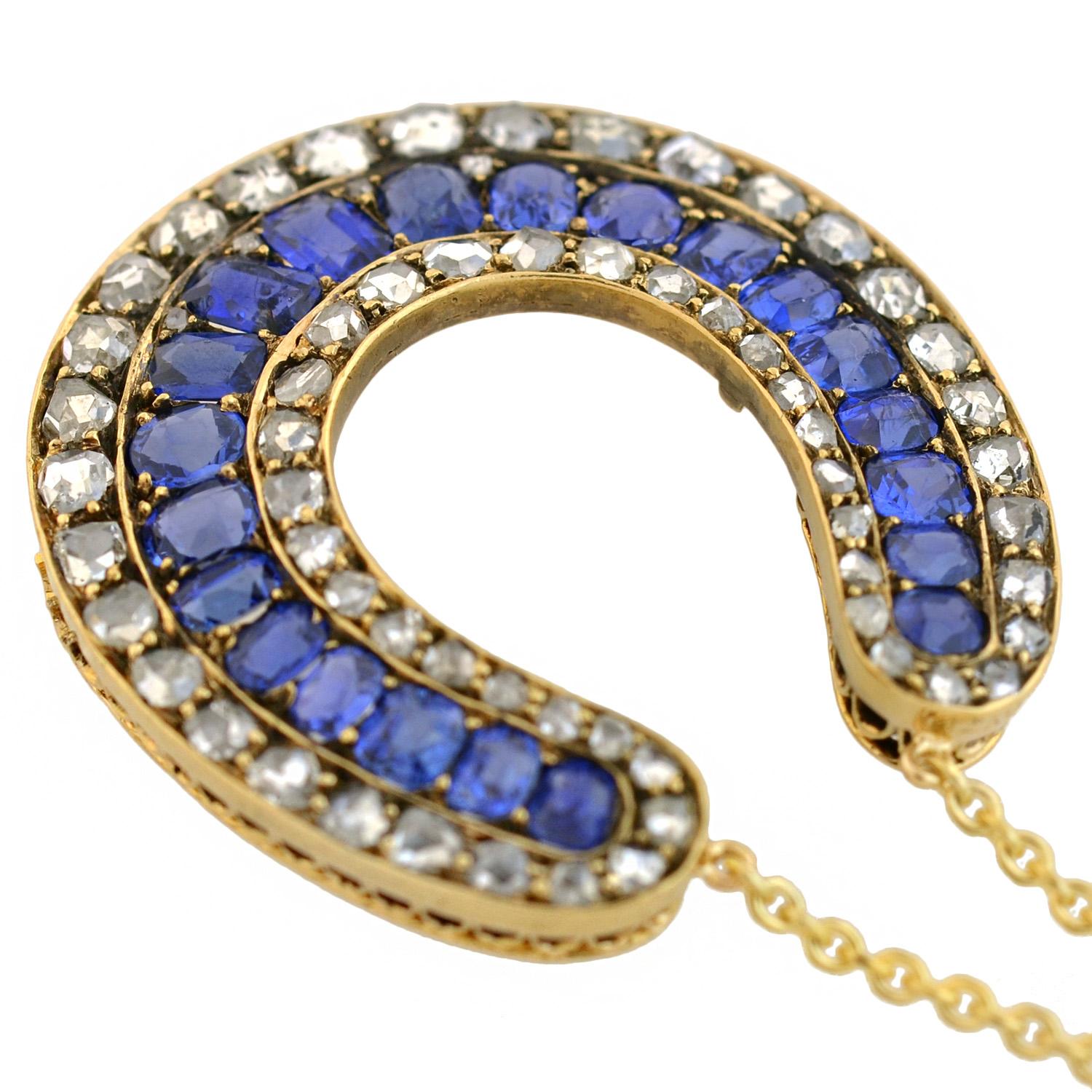 Women's Victorian Rose Cut Diamond Sapphire Horseshoe Pendant Necklace For Sale