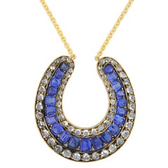 Vintage Victorian Rose Cut Diamond Sapphire Horseshoe Pendant Necklace