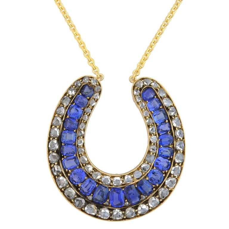Victorian Rose Cut Diamond Sapphire Horseshoe Pendant Necklace For Sale