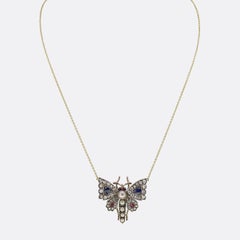 Victorian Rose Cut Diamond Sapphire Pearl and Ruby Butterfly Necklace