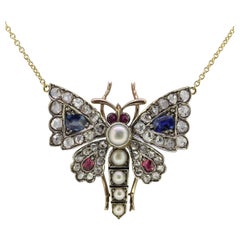 Victorian Rose Cut Diamond Sapphire Pearl and Ruby Butterfly Necklace
