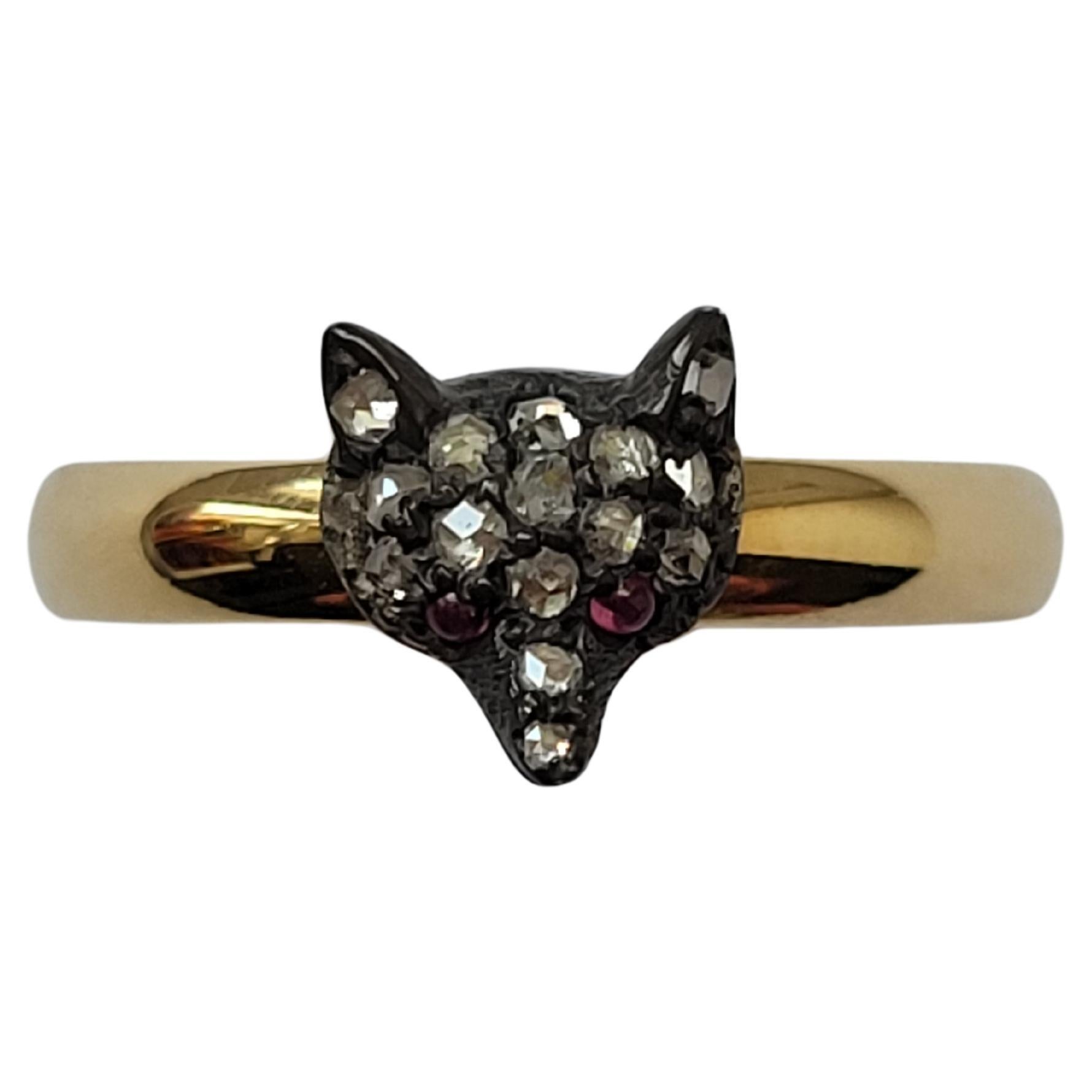 Victorian Rose Cut Diamond Silver Gold Fox Ring