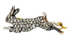 Victorian Rose Cut Diamond Silver-Topped Leaping Rabbit Hare Brooch