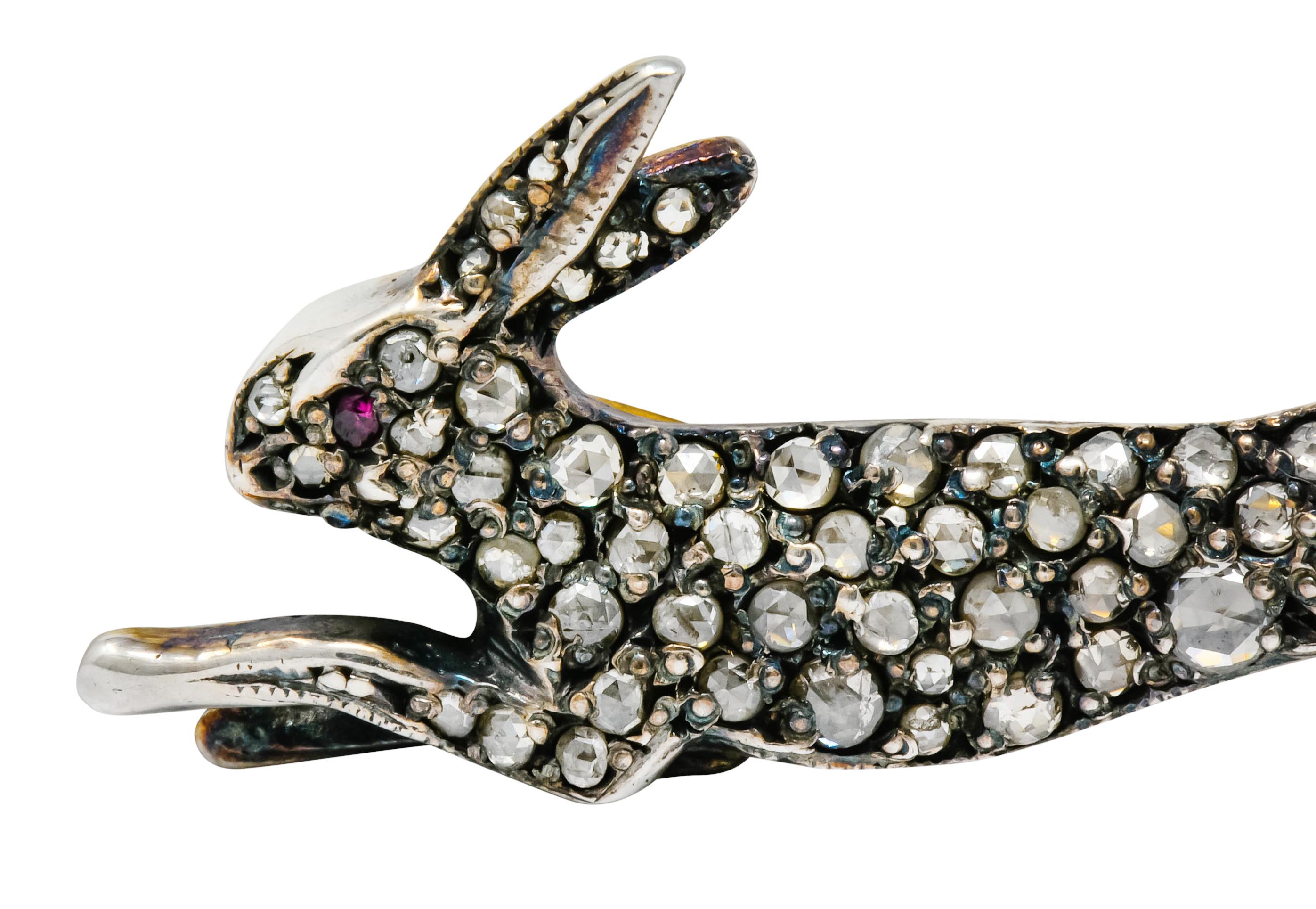 Victorian Rose Cut Diamond Silver-Topped Leaping Rabbit Hare Brooch In Excellent Condition In Philadelphia, PA