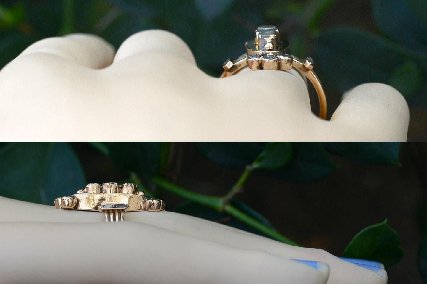 Victorian Rose Cut Diamond Trinity Cluster 16 Karat Gold Antique Statement Ring In Good Condition In Santa Barbara, CA