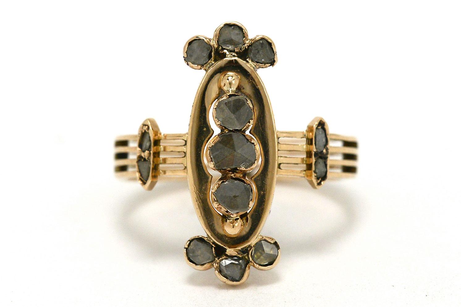 Women's or Men's Victorian Rose Cut Diamond Trinity Cluster 16 Karat Gold Antique Statement Ring