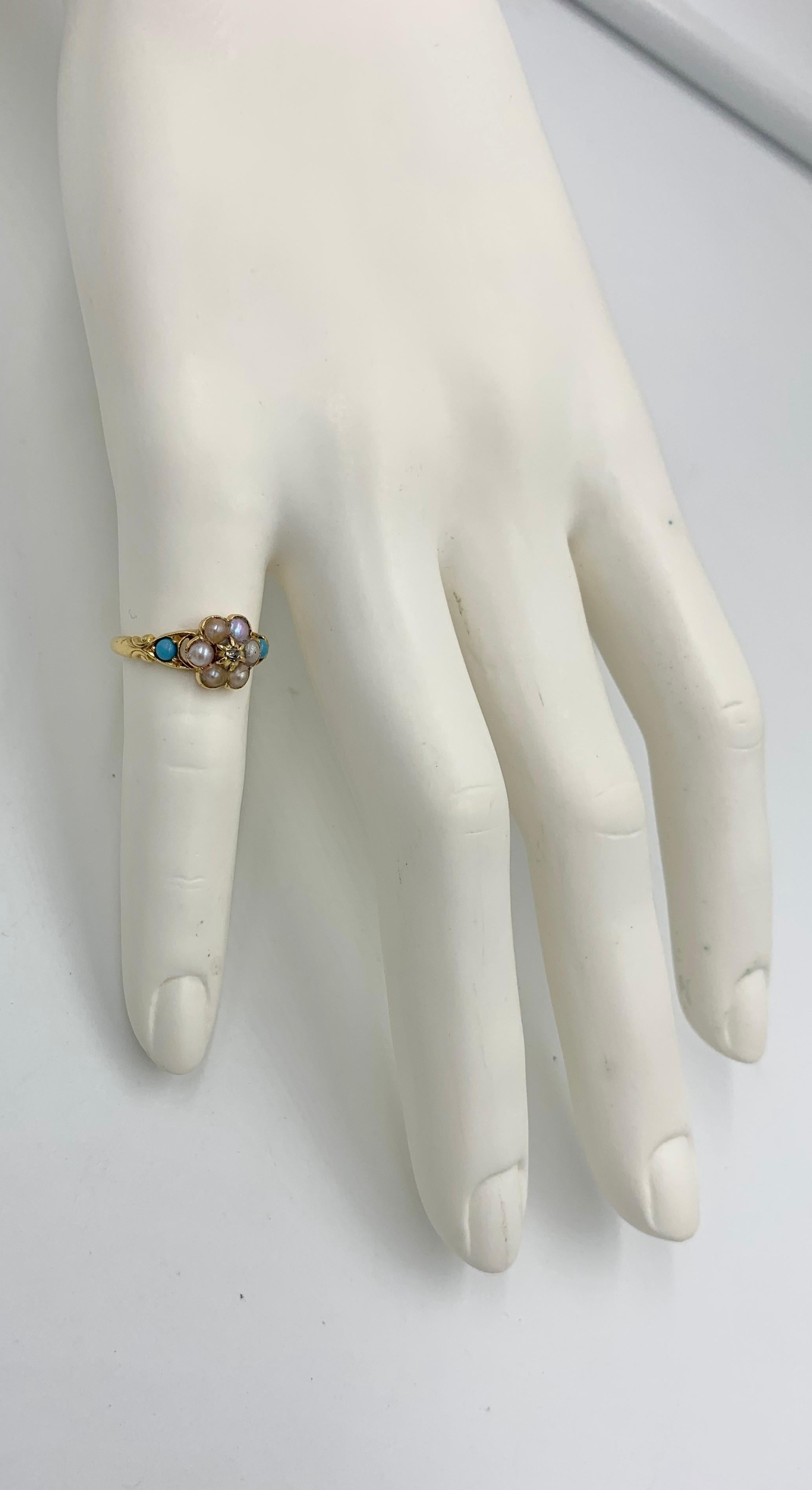 Victorian Rose Cut Diamond Turquoise Pearl Ring 14 Karat Gold Antique Engagement For Sale 3
