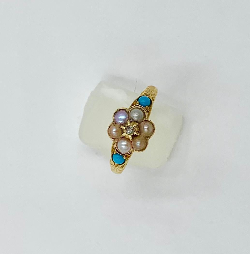 Victorien Bague de fiançailles de style victorien ancien en or 14 carats avec diamants taille rose et perle turquoise en vente