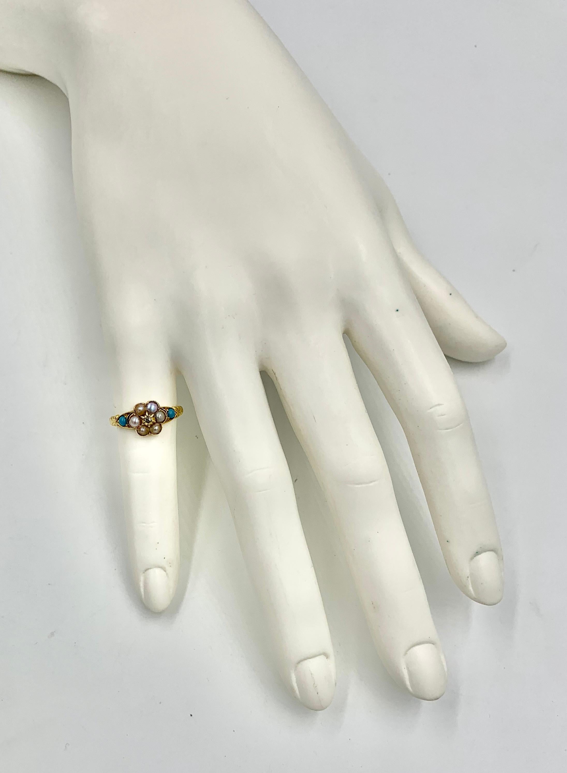 Taille rose Bague de fiançailles de style victorien ancien en or 14 carats avec diamants taille rose et perle turquoise en vente