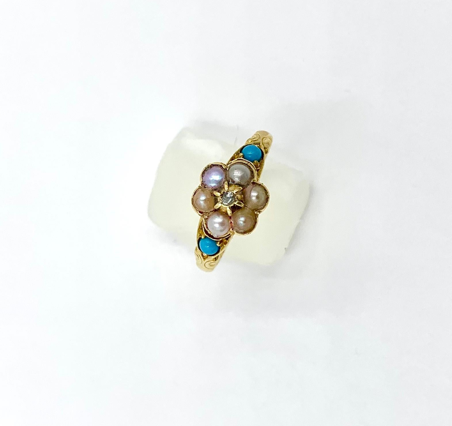 Victorian Rose Cut Diamond Turquoise Pearl Ring 14 Karat Gold Antique Engagement In Excellent Condition For Sale In New York, NY