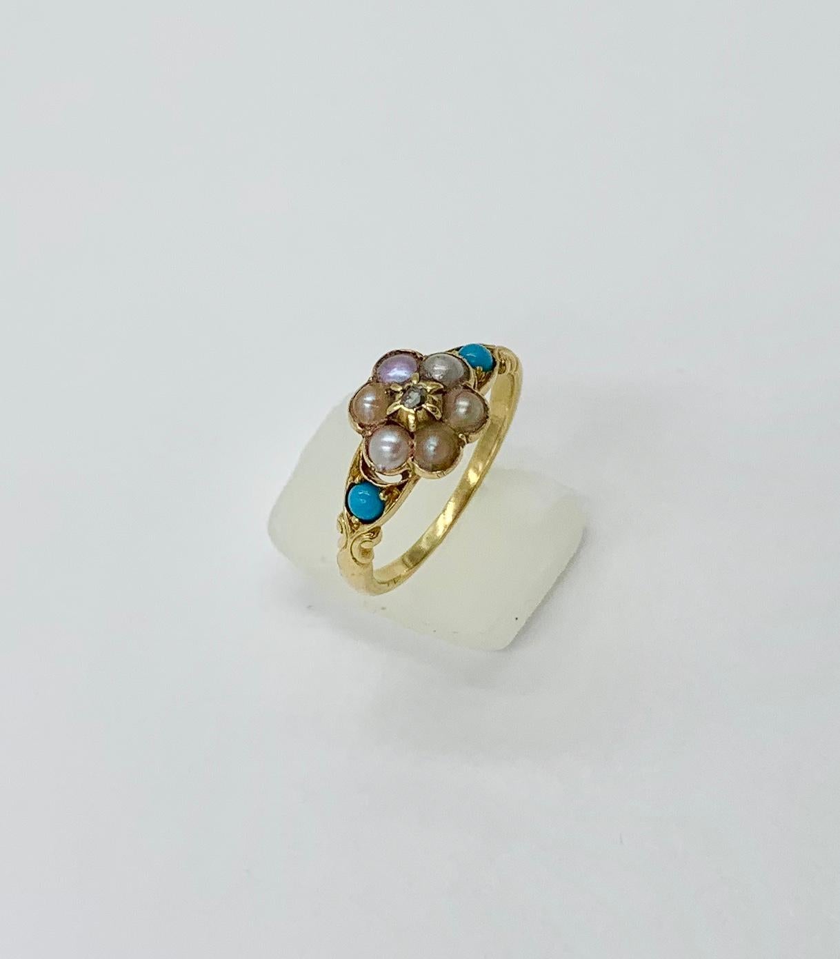 Women's Victorian Rose Cut Diamond Turquoise Pearl Ring 14 Karat Gold Antique Engagement For Sale