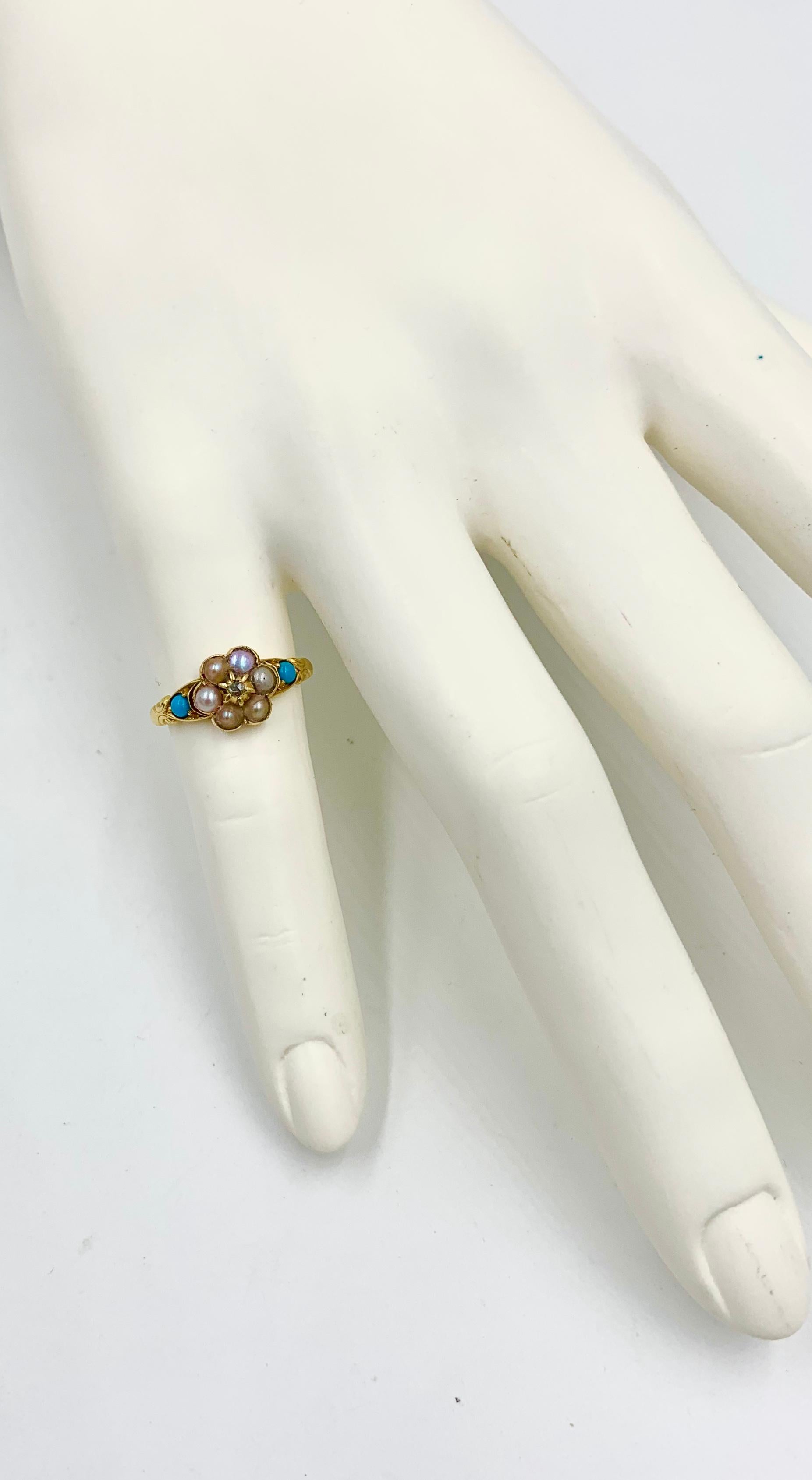Victorian Rose Cut Diamond Turquoise Pearl Ring 14 Karat Gold Antique Engagement For Sale 2