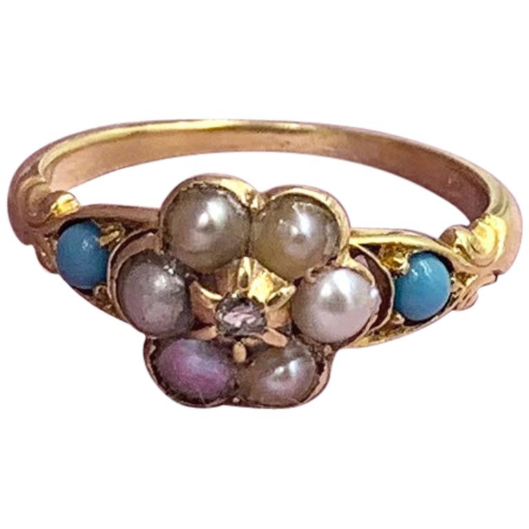 Victorian Rose Cut Diamond Turquoise Pearl Ring 14 Karat Gold Antique Engagement For Sale