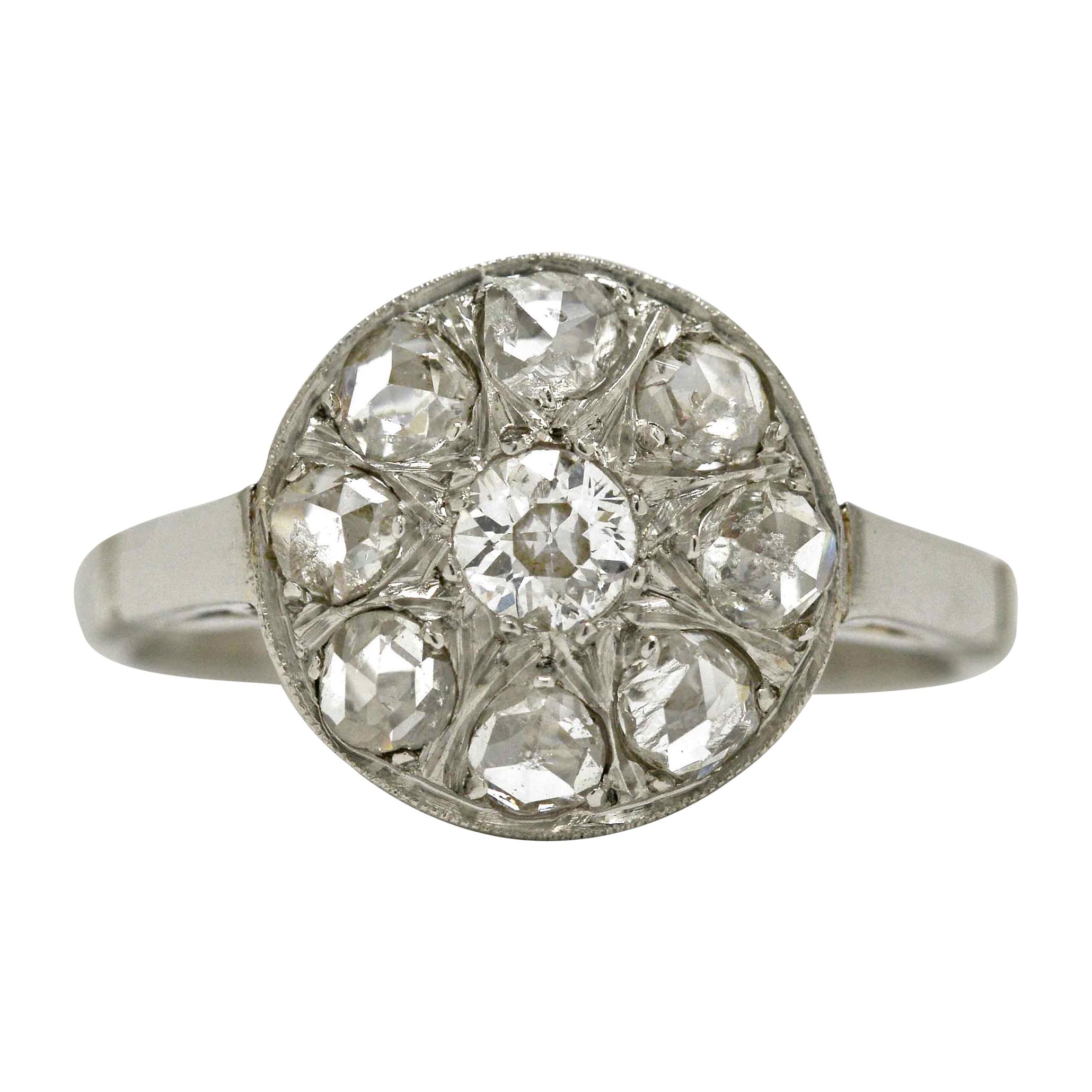 Antique Victorian Diamond Engagement Ring 1 Ct Cluster Halo Platinum Rose Cut 