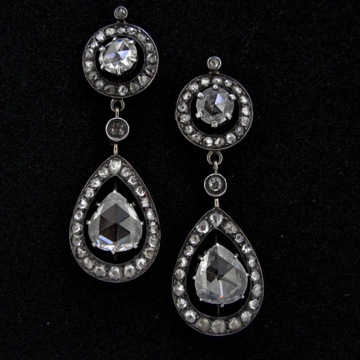 Late Victorian Victorian Rose Cut Diamonds Cluster Pear Shape Drops Gold and Silver Earrings