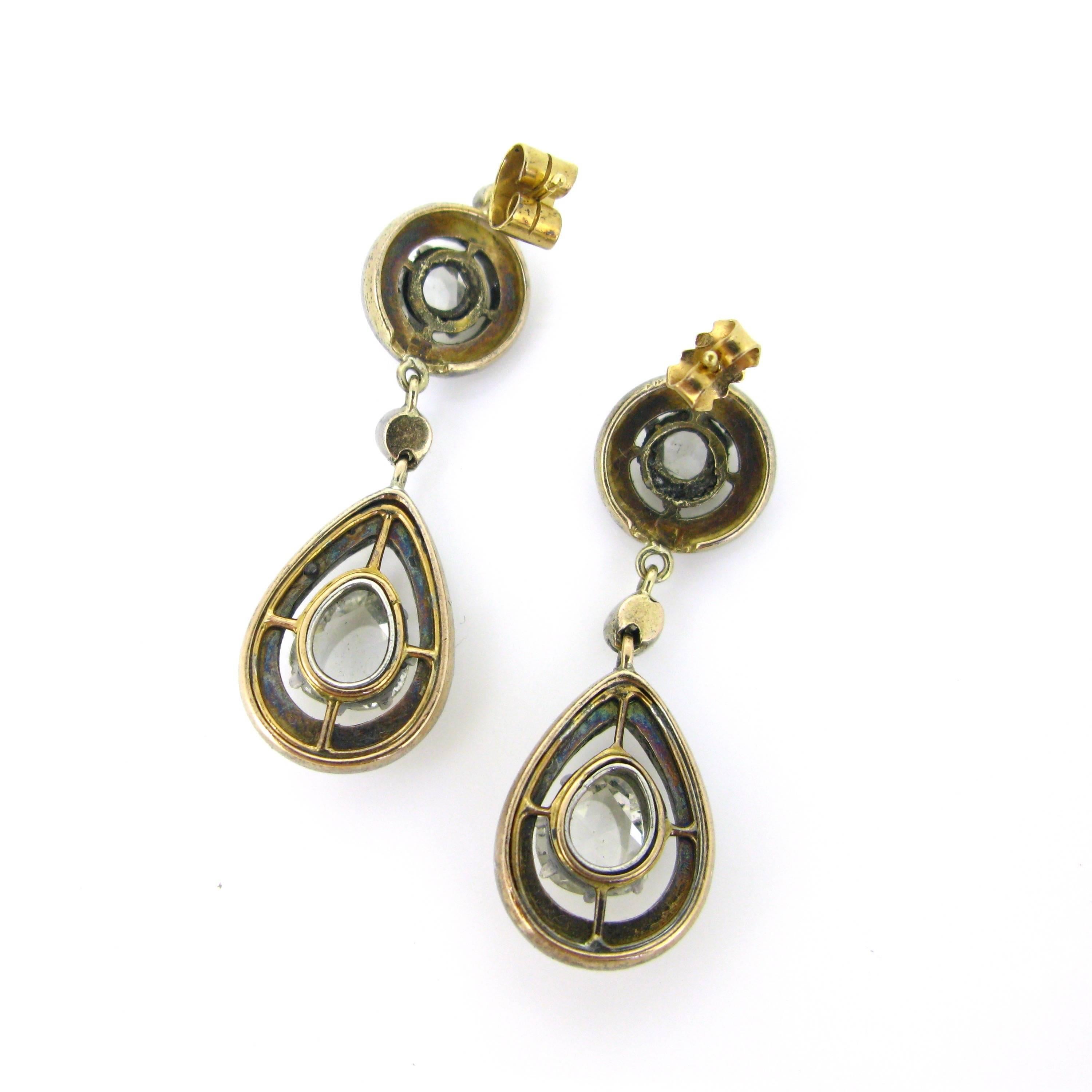 Victorian Rose Cut Diamonds Cluster Pear Shape Drops Gold and Silver Earrings In New Condition In London, GB