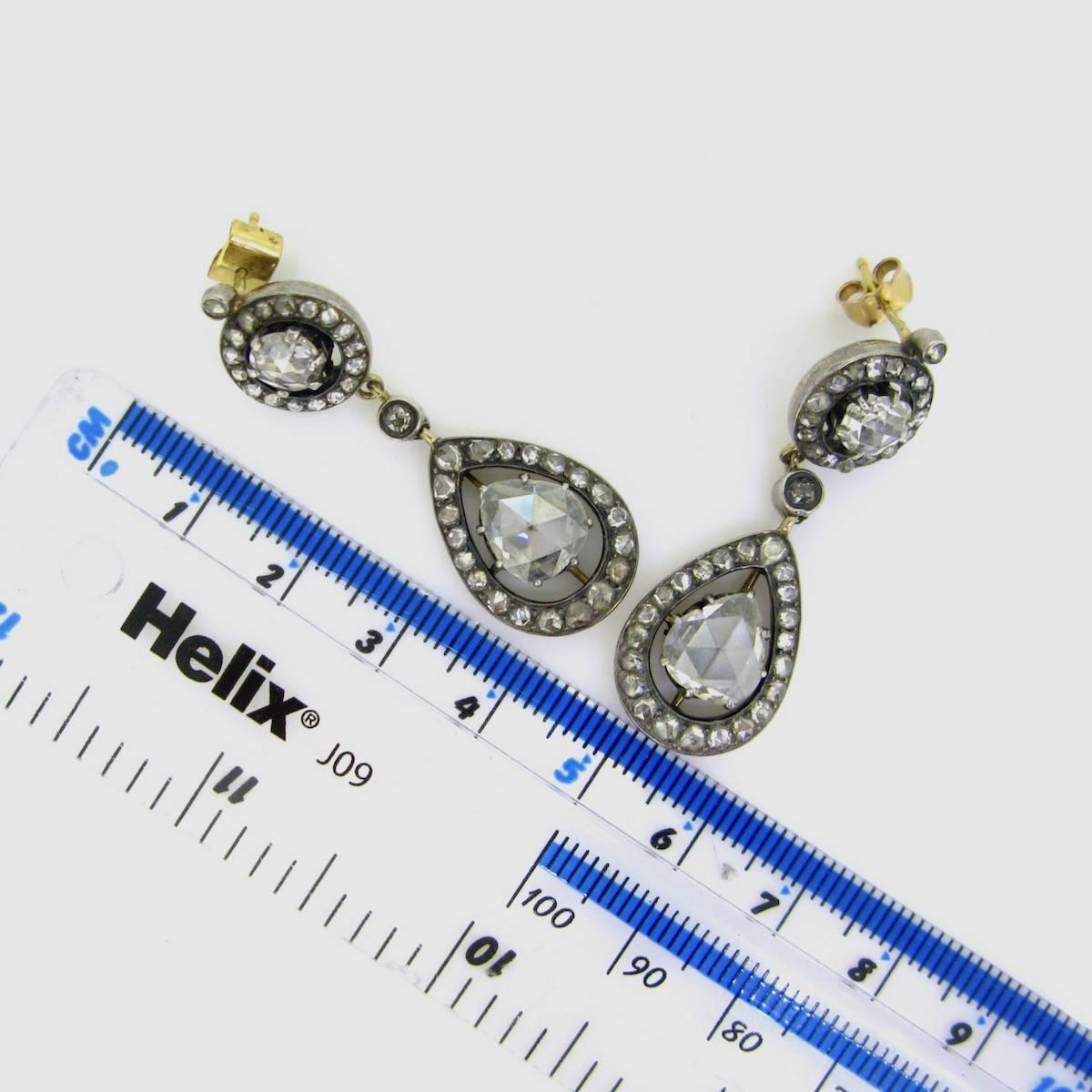 Women's or Men's Victorian Rose Cut Diamonds Cluster Pear Shape Drops Gold and Silver Earrings