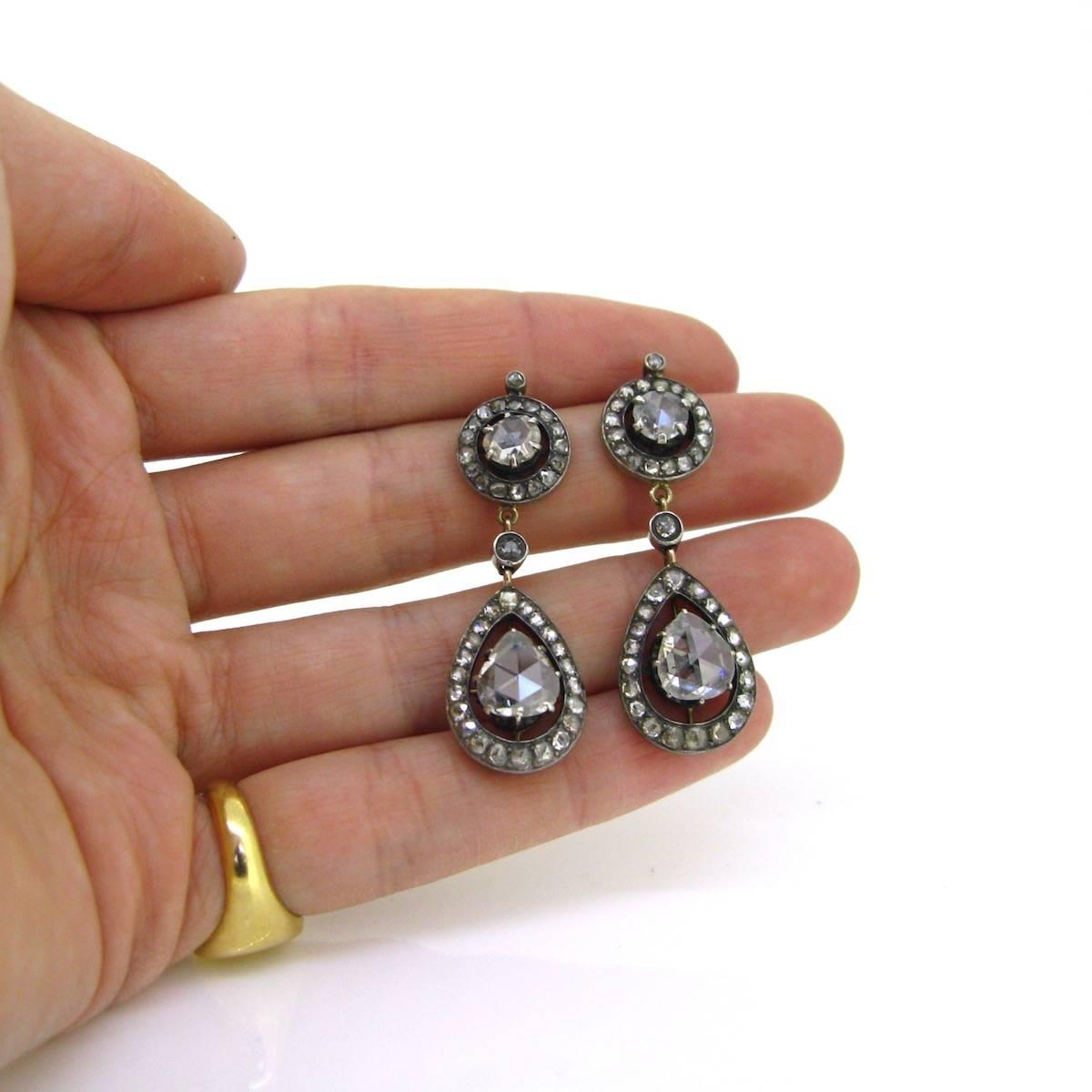 Victorian Rose Cut Diamonds Cluster Pear Shape Drops Gold and Silver Earrings 1
