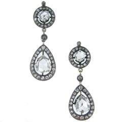 Victorian Rose Cut Diamonds Cluster Pear Shape Drops Gold and Silver Earrings