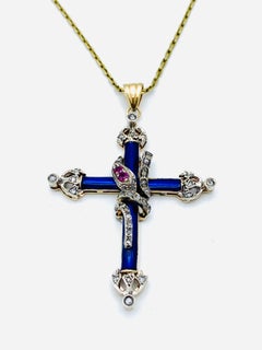 Victorian Rose Cut Diamonds, Ruby and Blue Enamel Cross Pendant Chain Necklace