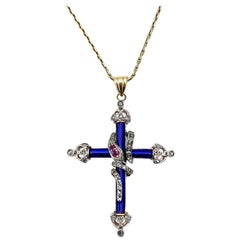 Antique Victorian Rose Cut Diamonds, Ruby and Blue Enamel Cross Pendant Chain Necklace