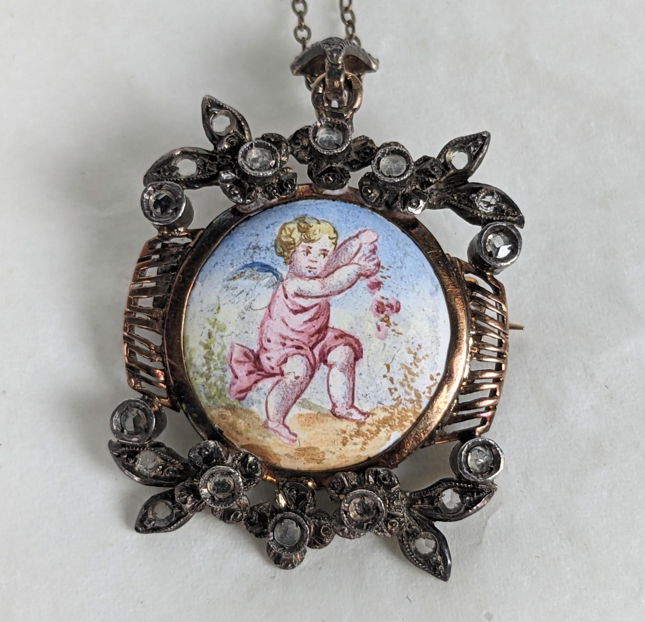 Tardo vittoriano Spilla vittoriana con ciondolo a forma di diamante rosa e smalto in vendita