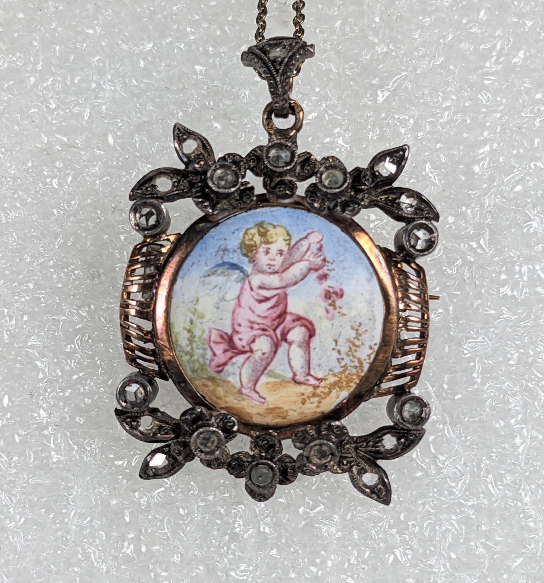 Taglio a rosa Spilla vittoriana con ciondolo a forma di diamante rosa e smalto in vendita